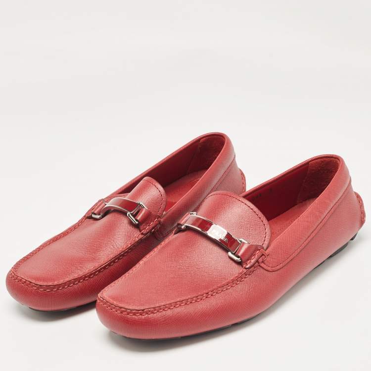 Pre Owned Prada Dark Red Leather Buckle Loafers Size 42