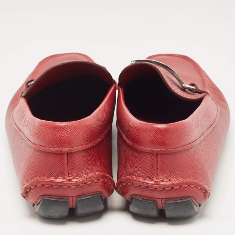 Pre Owned Prada Dark Red Leather Buckle Loafers Size 42