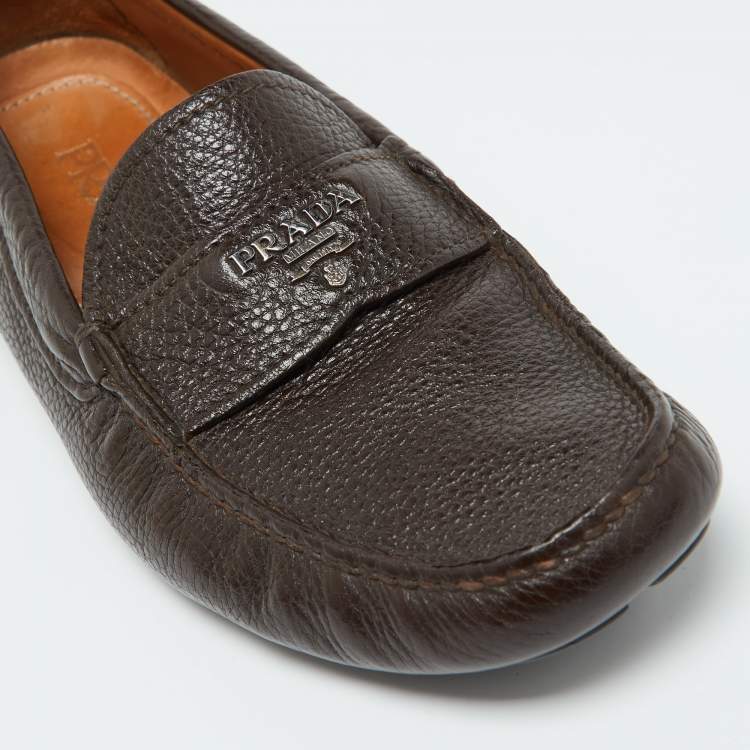 Pre Owned Prada Brown Leather Slip On Loafers Size 39.5