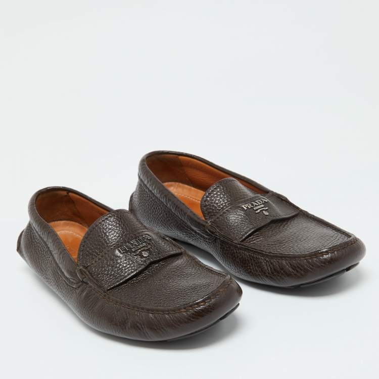 Pre Owned Prada Brown Leather Slip On Loafers Size 39.5