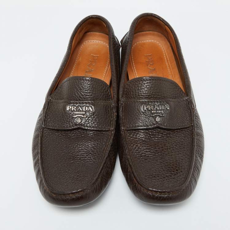 Pre Owned Prada Brown Leather Slip On Loafers Size 39.5