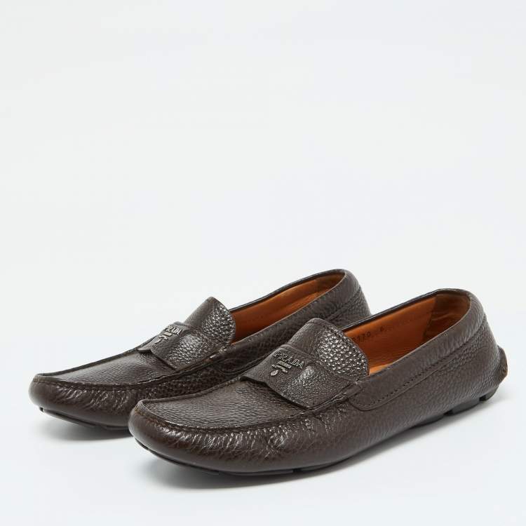 Pre Owned Prada Brown Leather Slip On Loafers Size 39.5