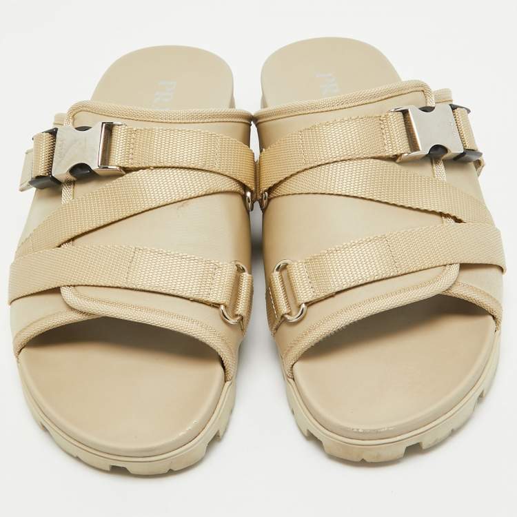 Pre Owned Prada Cream Canvas Neoprene Flat Sandals Size 43