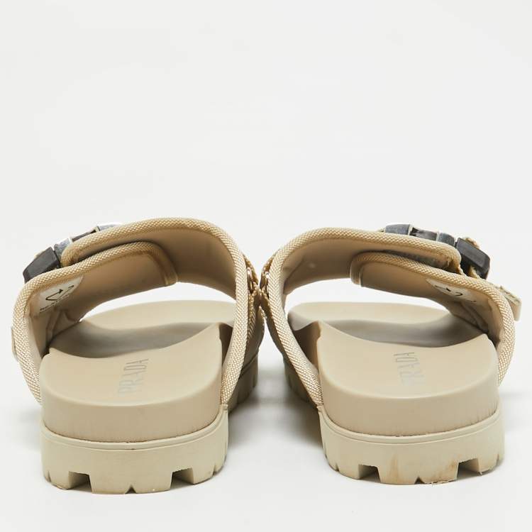 Pre Owned Prada Cream Canvas Neoprene Flat Sandals Size 43