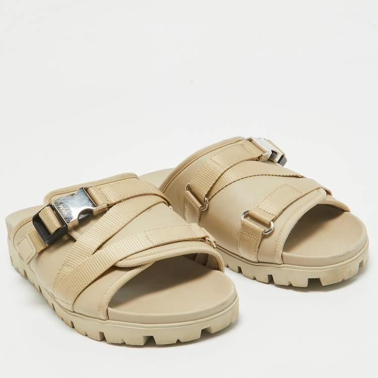 Pre Owned Prada Cream Canvas Neoprene Flat Sandals Size 43