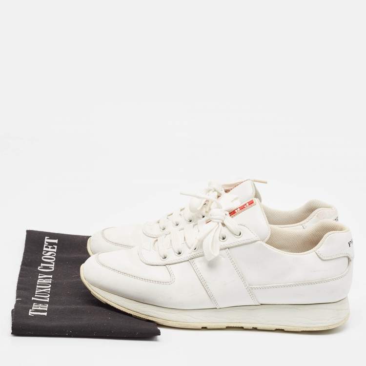 مملوكة مسبقًا Prada White Leather Lace Up Sneakers Size 41.5