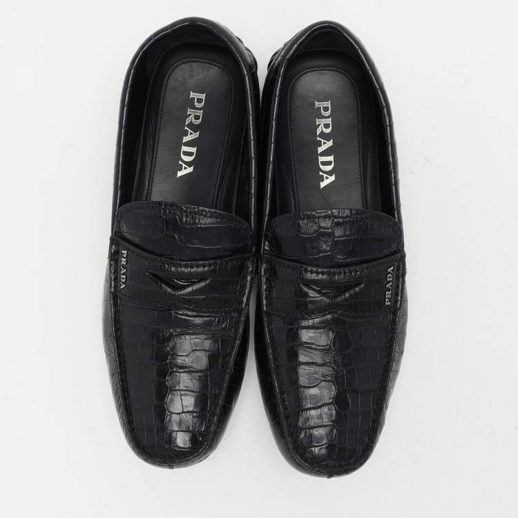 Pre Owned Prada Navy Blue Croc Embossed Leather Penny Loafers Size 41.5