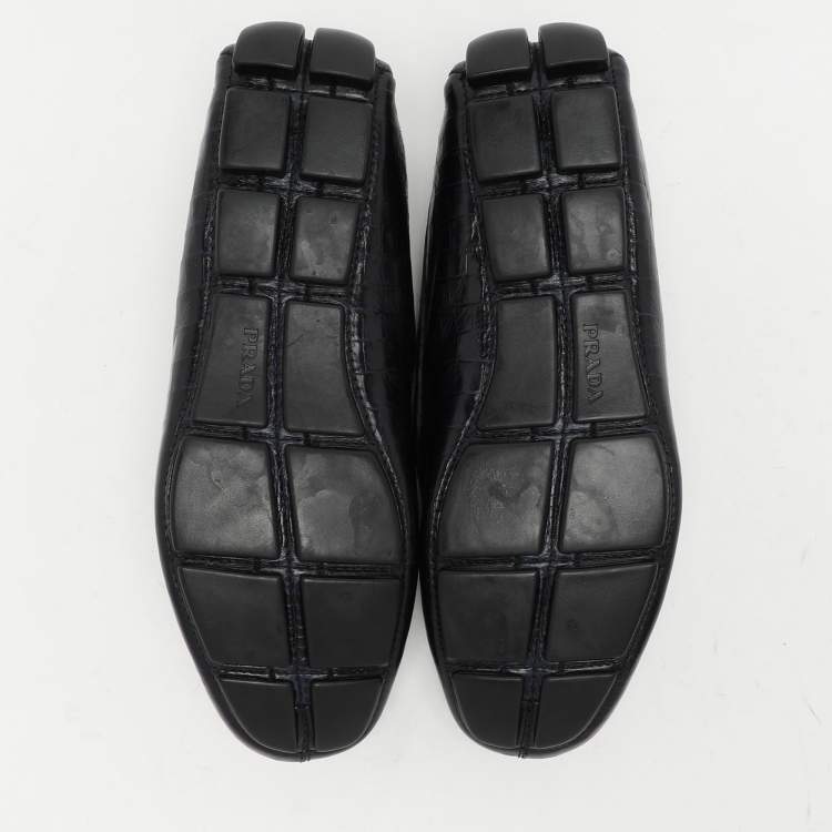 Pre Owned Prada Navy Blue Croc Embossed Leather Penny Loafers Size 41.5