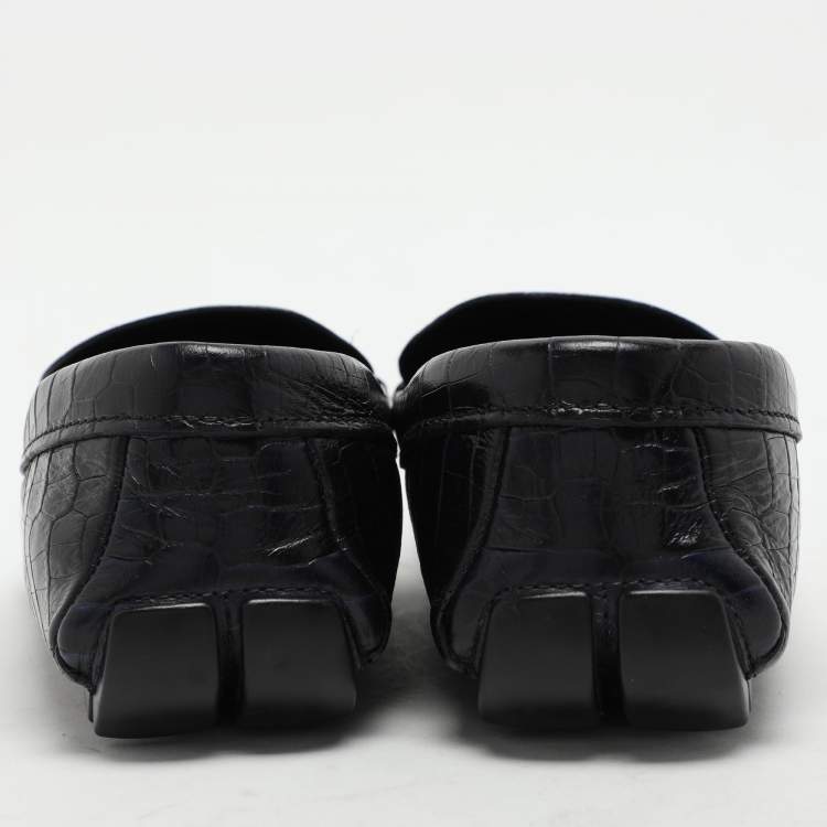 Pre Owned Prada Navy Blue Croc Embossed Leather Penny Loafers Size 41.5