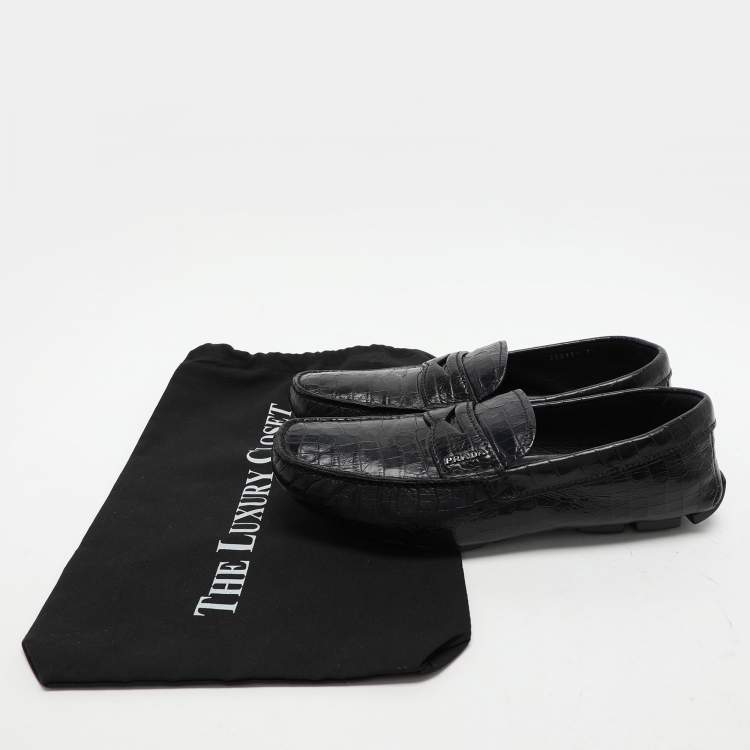 Pre Owned Prada Navy Blue Croc Embossed Leather Penny Loafers Size 41.5
