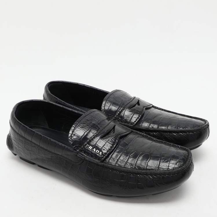 Pre Owned Prada Navy Blue Croc Embossed Leather Penny Loafers Size 41.5