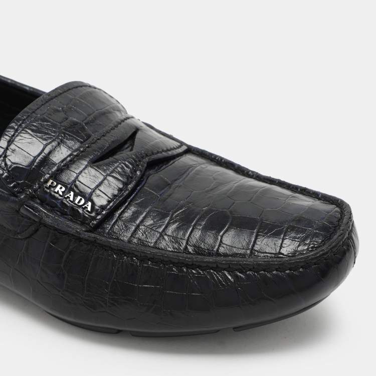 Pre Owned Prada Navy Blue Croc Embossed Leather Penny Loafers Size 41.5