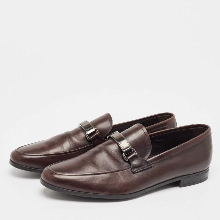 Pre Owned Prada Brown Leather Slip On Loafers Size 43.5