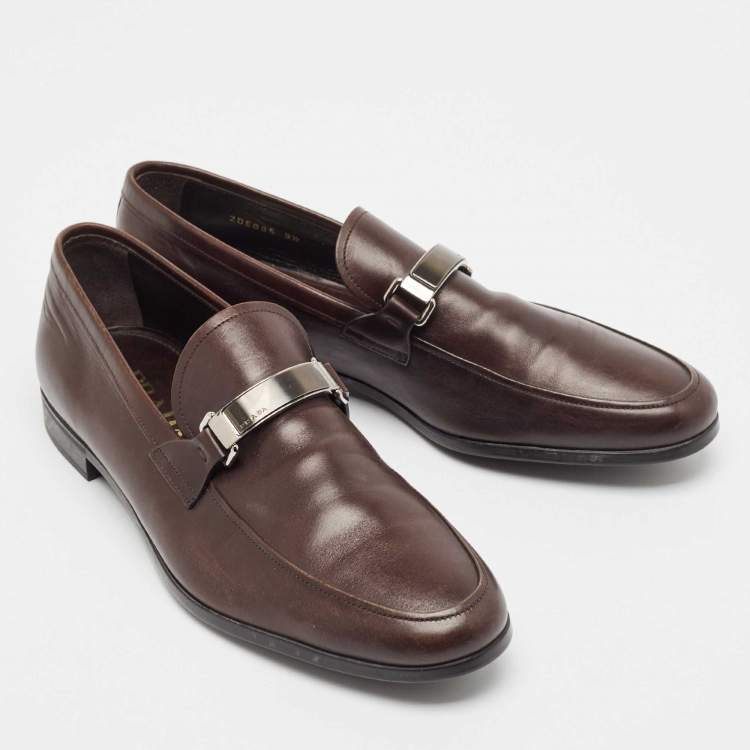 Pre Owned Prada Brown Leather Slip On Loafers Size 43.5