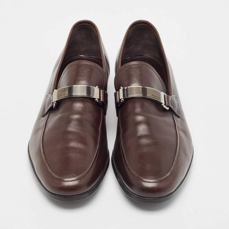 Pre Owned Prada Brown Leather Slip On Loafers Size 43.5