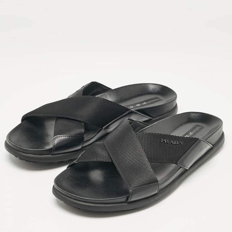 Pre Owned Prada Black Canvas and Leather Crisscross Flat Slides Size 40