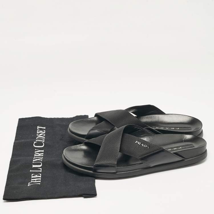 Pre Owned Prada Black Canvas and Leather Crisscross Flat Slides Size 40