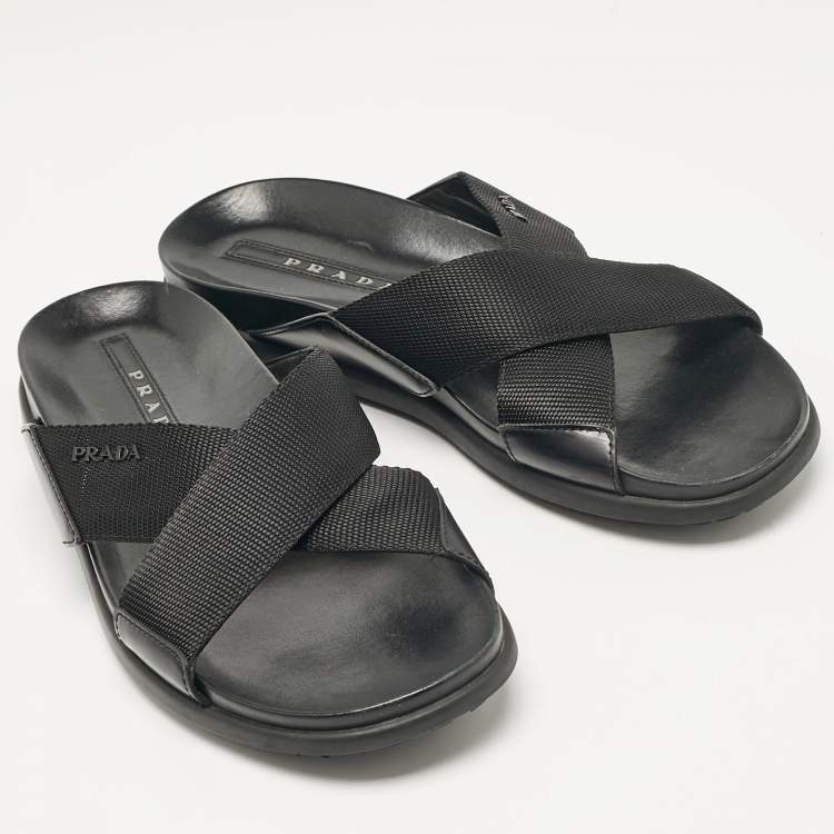 Pre Owned Prada Black Canvas and Leather Crisscross Flat Slides Size 40