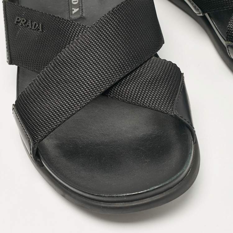 Pre Owned Prada Black Canvas and Leather Crisscross Flat Slides Size 40