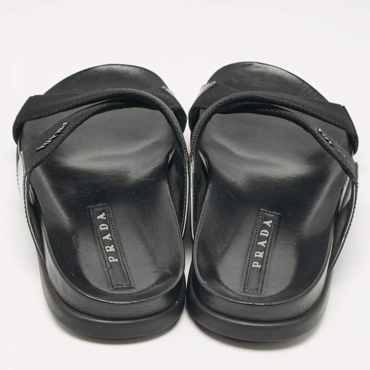 Pre Owned Prada Black Canvas and Leather Crisscross Flat Slides Size 40