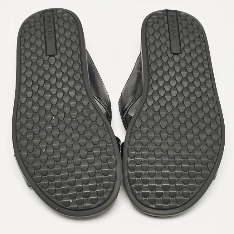 Pre Owned Prada Black Canvas and Leather Crisscross Flat Slides Size 40