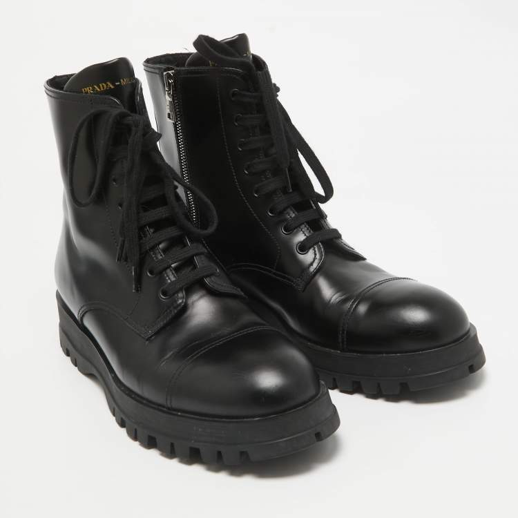 Pre Owned Prada Black Leather Lace Up Combat Boots Size 41