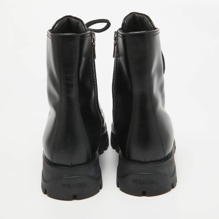 Pre Owned Prada Black Leather Lace Up Combat Boots Size 41