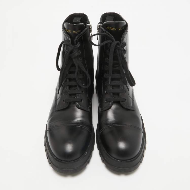 Pre Owned Prada Black Leather Lace Up Combat Boots Size 41