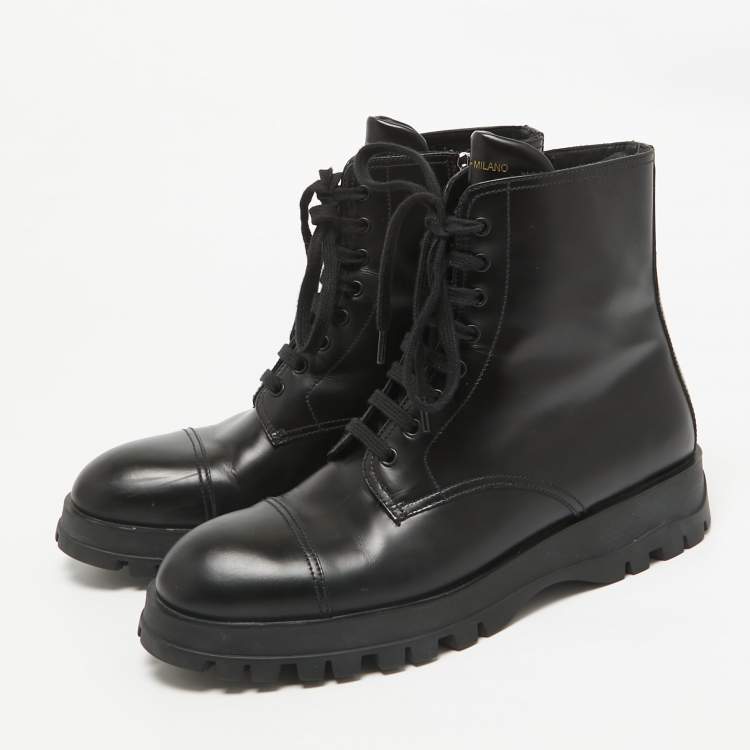 Pre Owned Prada Black Leather Lace Up Combat Boots Size 41
