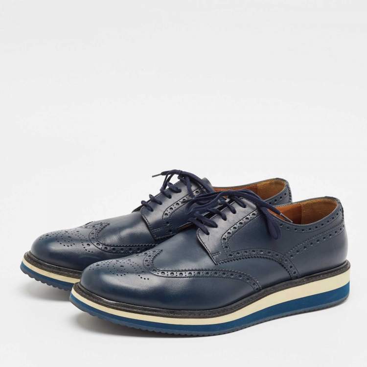 Pre Owned Prada Blue Brogue Leather Lace Up Derby Size 44.5