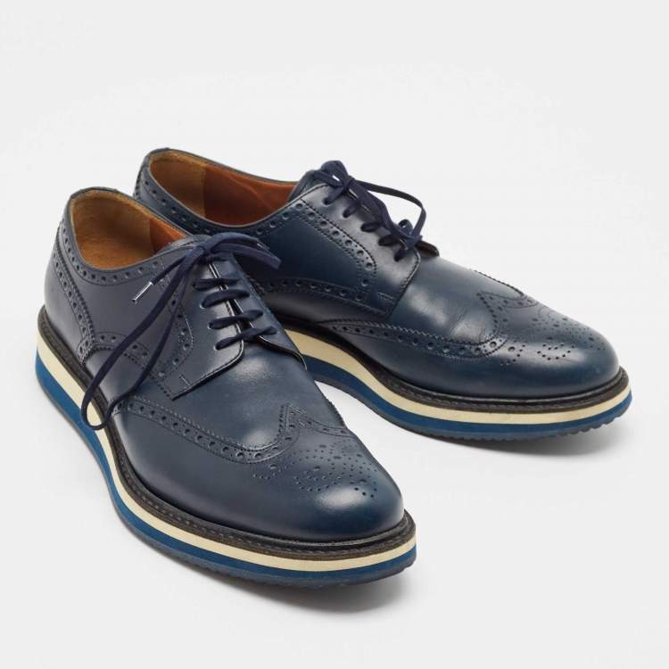 Pre Owned Prada Blue Brogue Leather Lace Up Derby Size 44.5