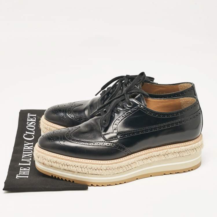 Pre Owned Prada Black Brogue Leather Wingtip Espadrille Platform Derby Sneakers Size 42