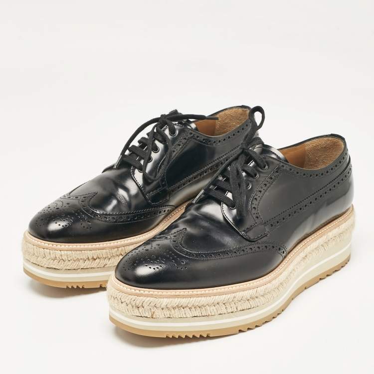 Pre Owned Prada Black Brogue Leather Wingtip Espadrille Platform Derby Sneakers Size 42