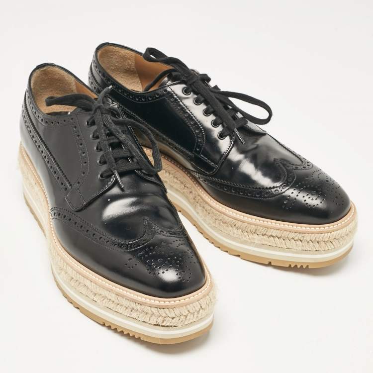 Pre Owned Prada Black Brogue Leather Wingtip Espadrille Platform Derby Sneakers Size 42
