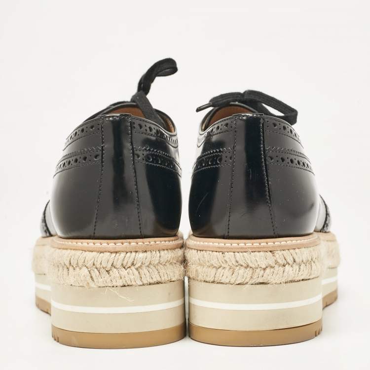 Pre Owned Prada Black Brogue Leather Wingtip Espadrille Platform Derby Sneakers Size 42