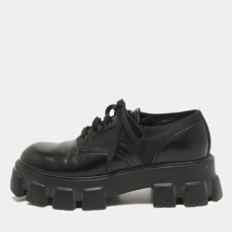 Pre Owned Prada Black Leather And Nylon Lace up Monolith Sneakers Size 42.5