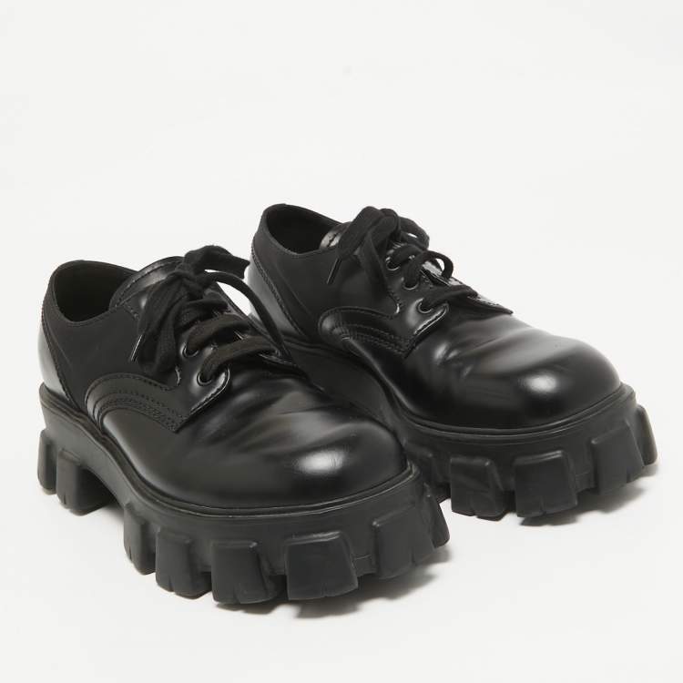 Pre Owned Prada Black Leather And Nylon Lace up Monolith Sneakers Size 42.5