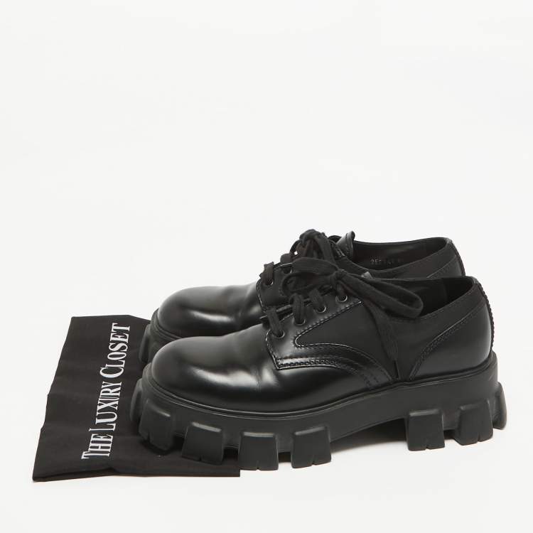 Pre Owned Prada Black Leather And Nylon Lace up Monolith Sneakers Size 42.5