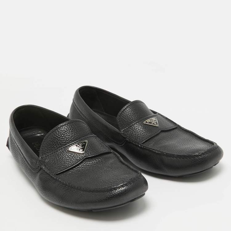 Pre Owned Prada Black Leather Slip On Loafers Size 44