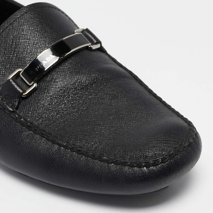 Pre Owned Prada Black Leather Slip On Loafers Size 43