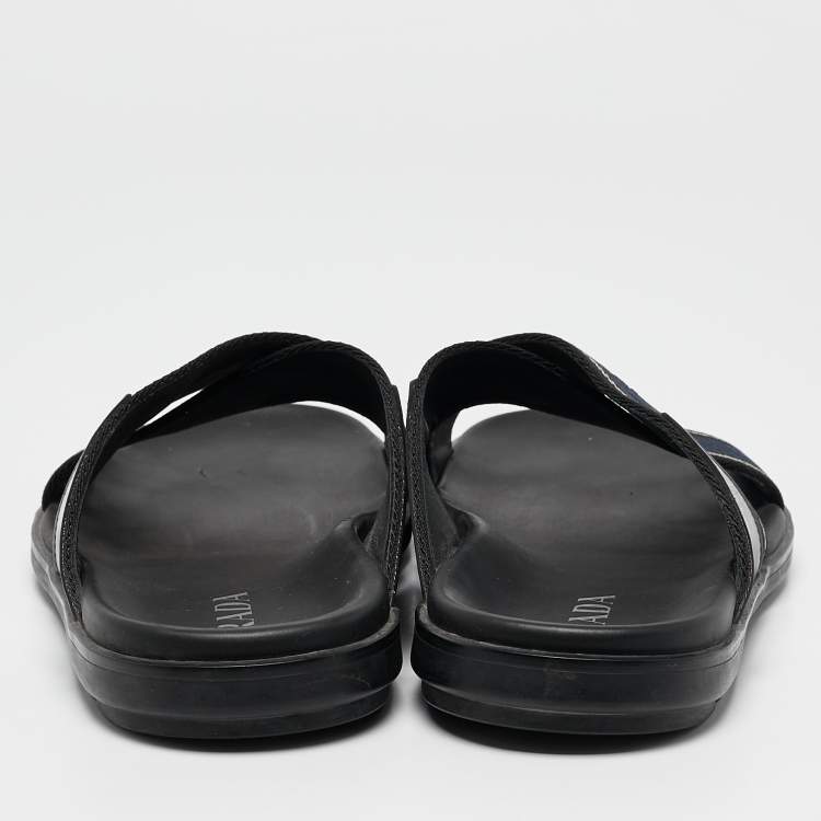 Pre Owned Prada Blue Leather and Canvas Logo Tape Crisscross Slides Size 43