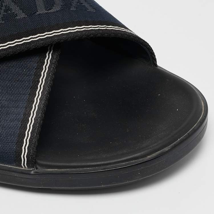 Pre Owned Prada Blue Leather and Canvas Logo Tape Crisscross Slides Size 43