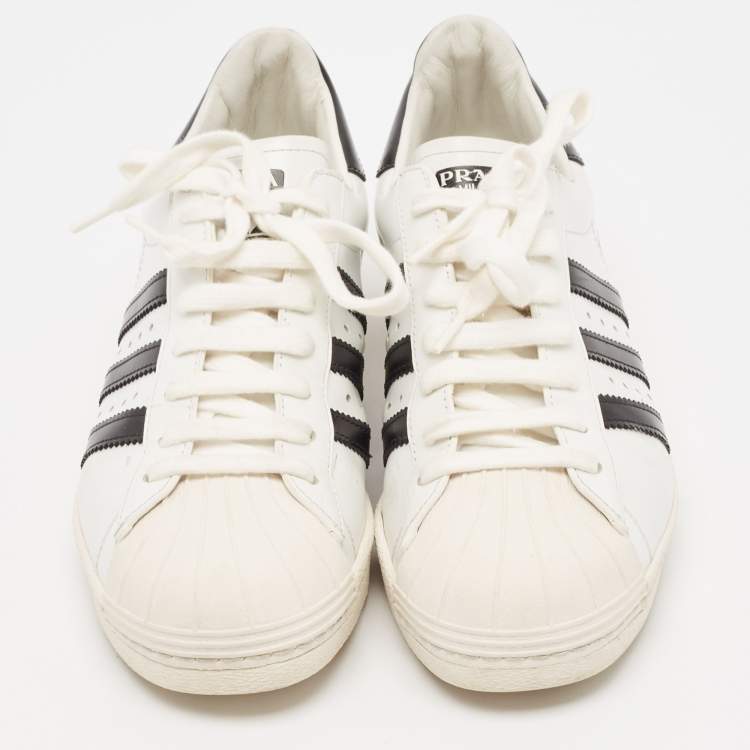 مملوكة مسبقًا Prada X Adidas White/Black Leather Superstar Lace Up Sneakers Size 40