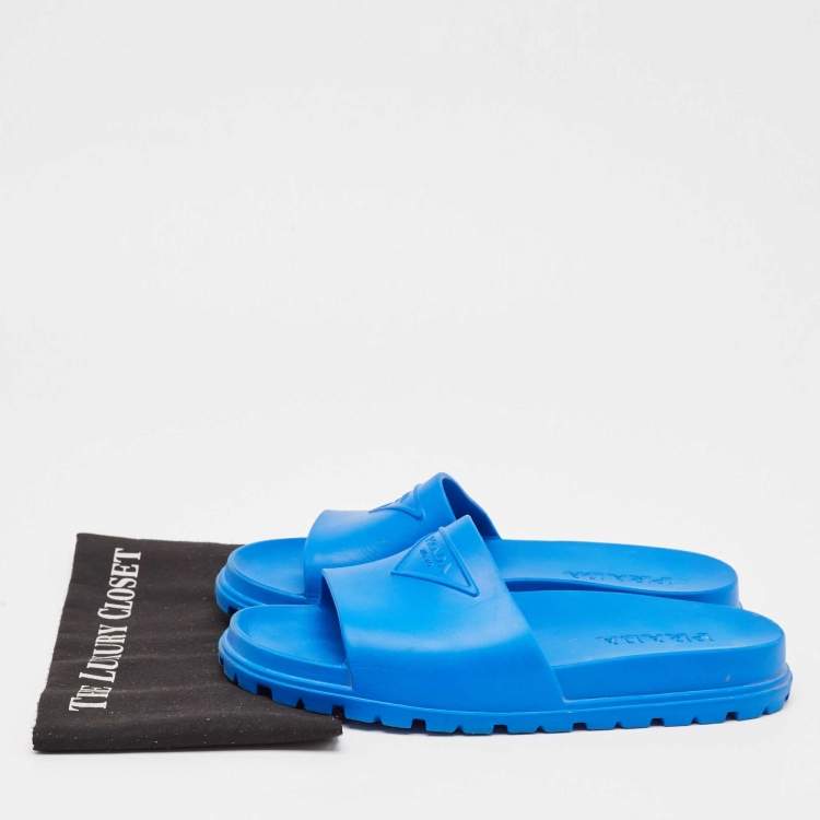Pre Owned Prada Blue Rubber Triangle Logo Soft Pool Slides Size 42