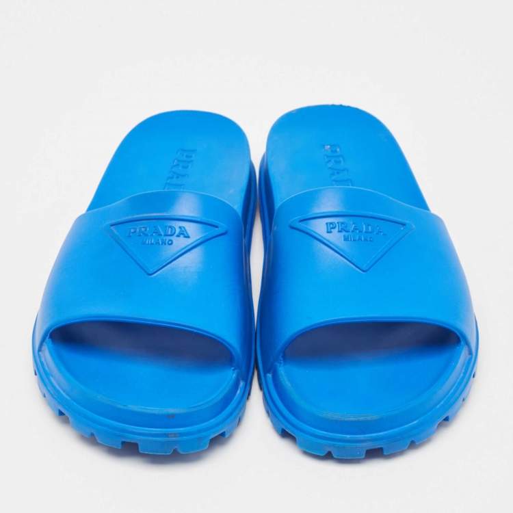 Pre Owned Prada Blue Rubber Triangle Logo Soft Pool Slides Size 42