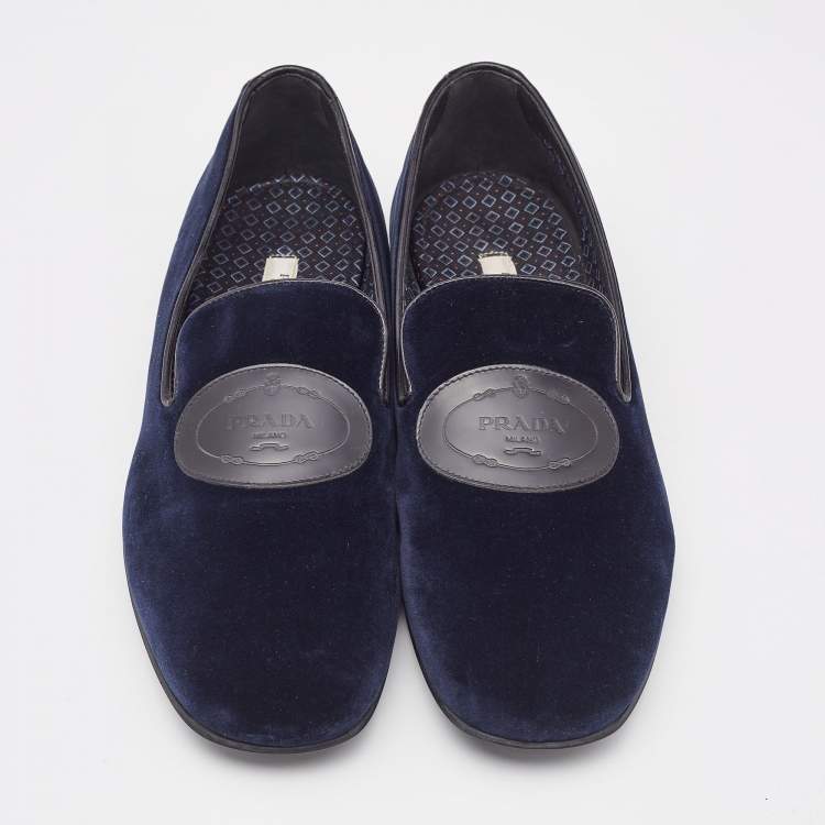 Pre Owned Prada Navy Blue Velvet Slip On Smoking Slippers Size 42