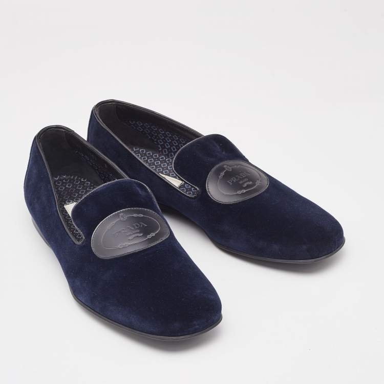 Pre Owned Prada Navy Blue Velvet Slip On Smoking Slippers Size 42
