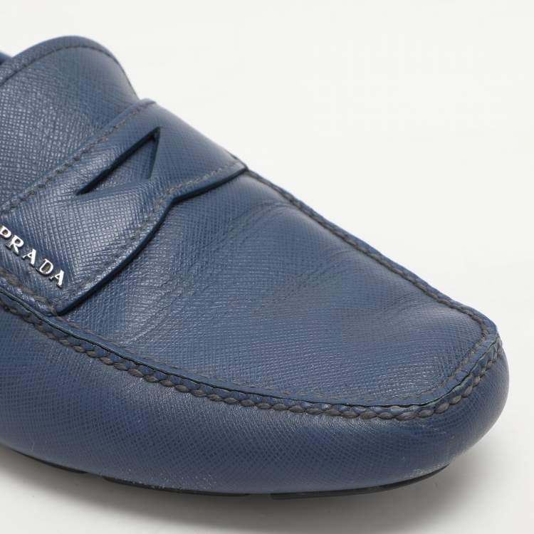 مملوكة مسبقًا Prada Blue Saffiano Leather Penny Loafers Size 41.5
