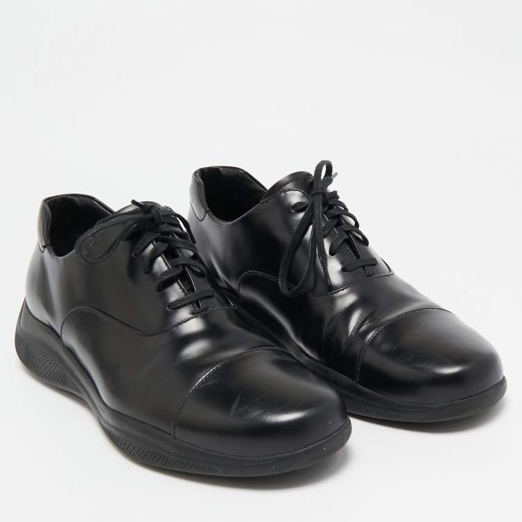 Pre Owned Prada Black Leather Cap Toe Oxfords Sneakers Size 42.5