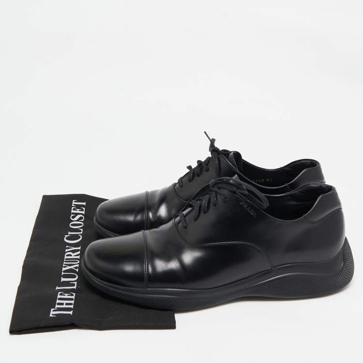 Pre Owned Prada Black Leather Cap Toe Oxfords Sneakers Size 42.5